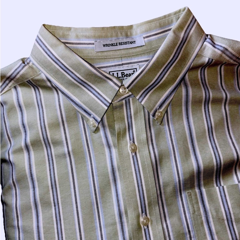 LL Bean Button Down Shirt Mens 17.5 Tall Green Stripe Wrinkle Resistant Oxford